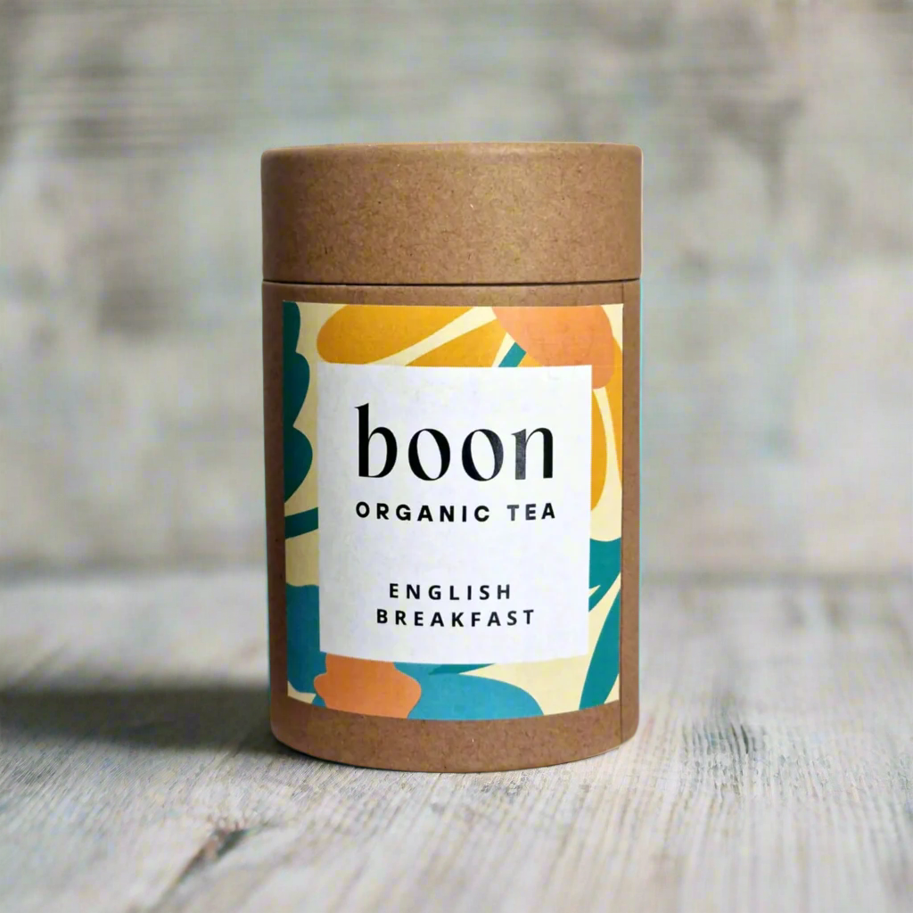 Boon Organic Tea English Breakfast packaging on a light blue background