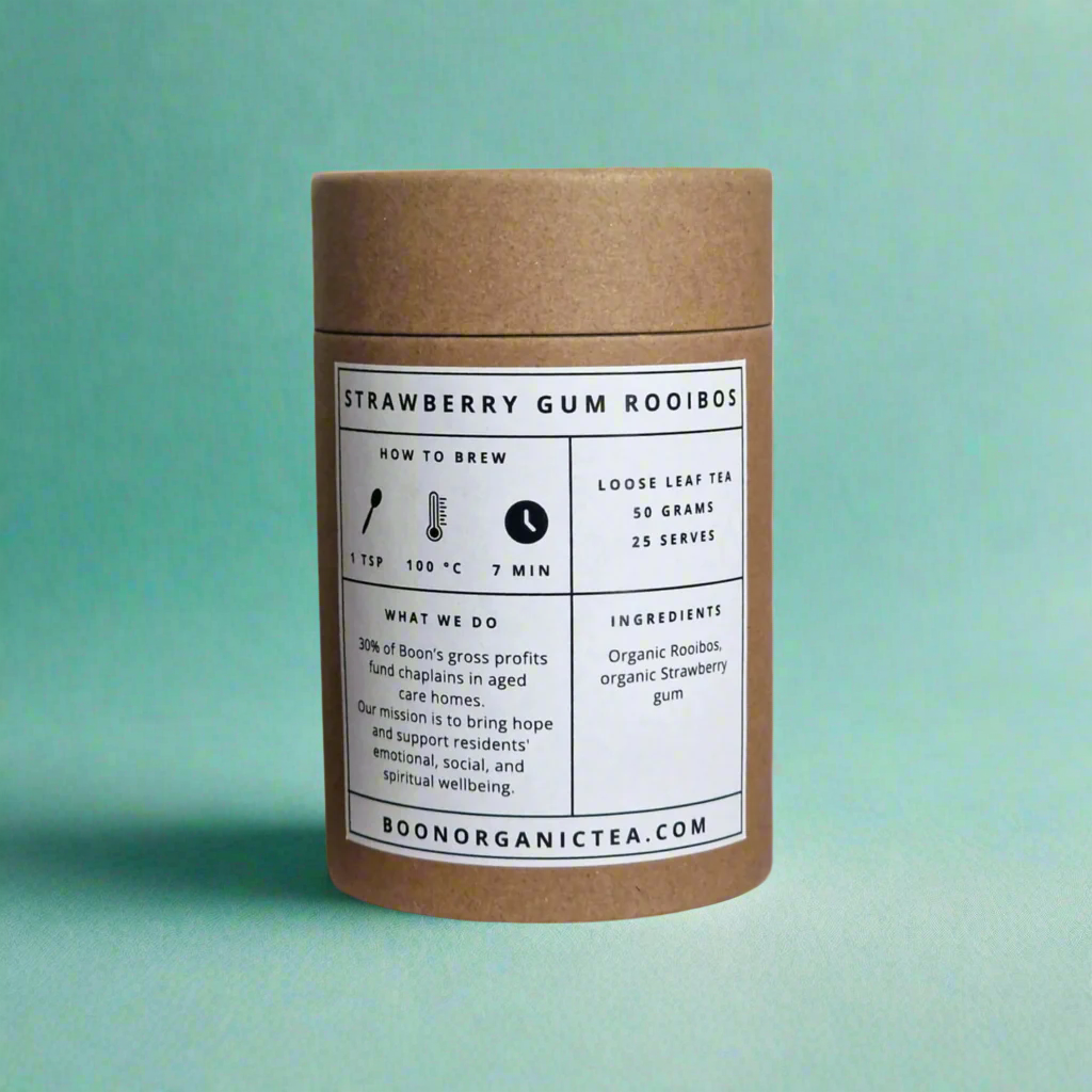 Brown paper tea canister strawberry gum rooibos organic tea with a label on a teal background